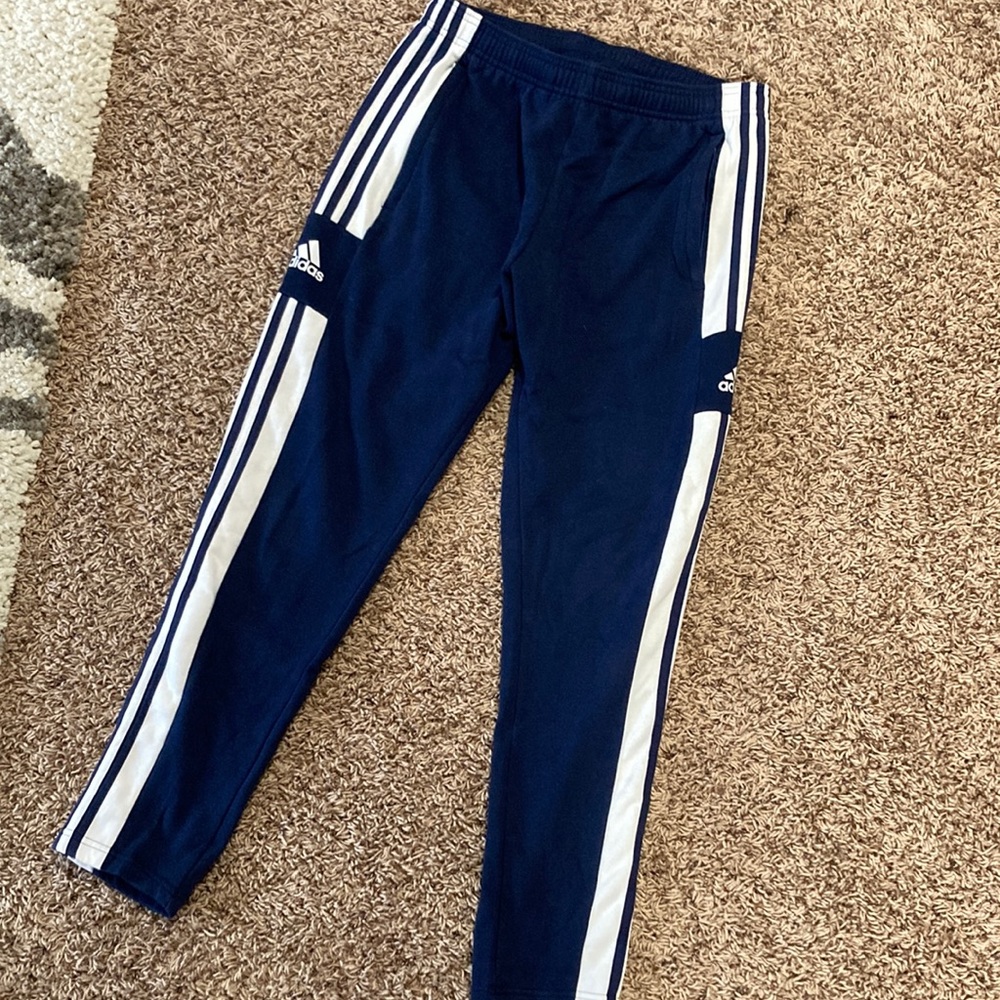 Adidas slim fit fleece pants navy stripe zipper pockets men’s medium